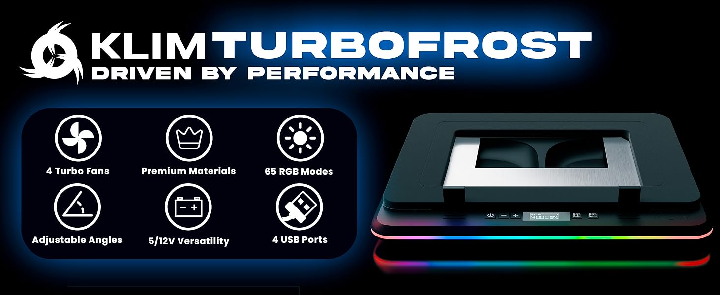 Text reads 'KLIM TURBOFROST'. Gaming cooling pad with blue LED lighting. Icons show features including adjustable angles and extra stability.