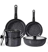 Nonstick cookware set in black with speckled finish, including multiple pans and pots with lids, featuring dark handles and contemporary design.