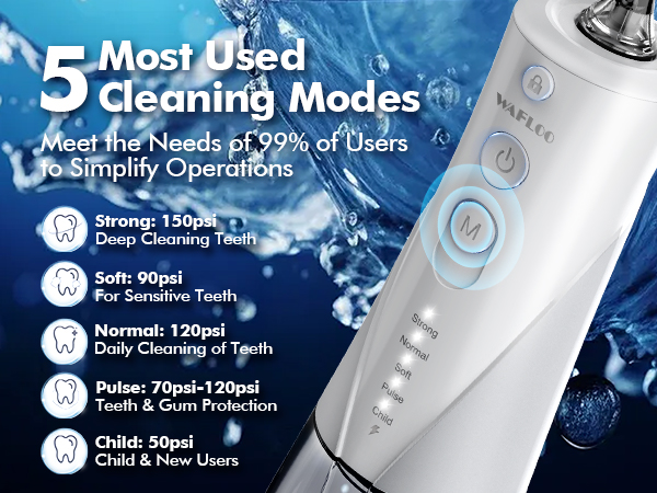 Electric toothbrush with 5 cleaning modes: Strong (150psi), Soft (90psi), Normal (120psi), Pulse (70psi-120psi), and Child (50psi). Features deep cleaning, sensitive teeth, daily cleaning, gum protection, and child modes.