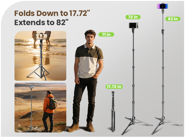 Extends up to 82 inches, folds down to just 17.72 inches for easy travel portability.