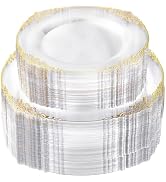 Bestluck 200 PCS Clear and Gold Plastic Plates for 100 Guests, Elegant Clear Disposable Plates wi...