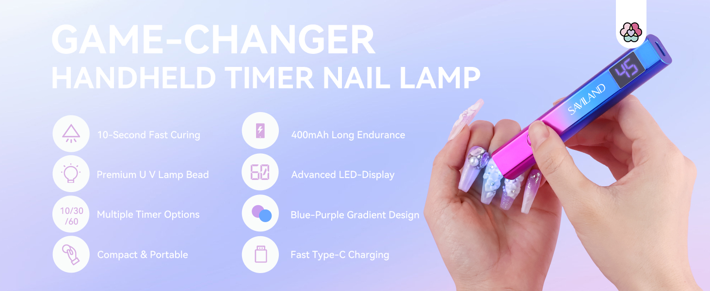 Handheld nail lamp for gel manicures. Blue and pink device with LCD screen, timer function, and various curing modes.