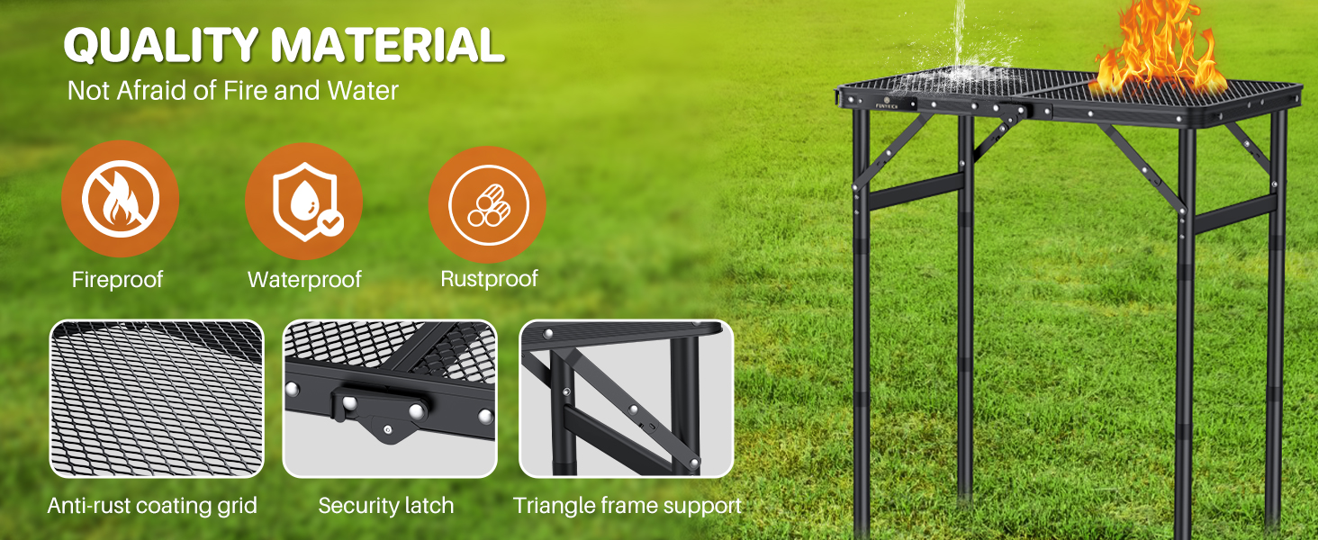 Portable outdoor grill on grass. Features fireproof, waterproof, and anti-rust materials. Includes mesh grilling surface and foldable legs for easy transport and storage.
