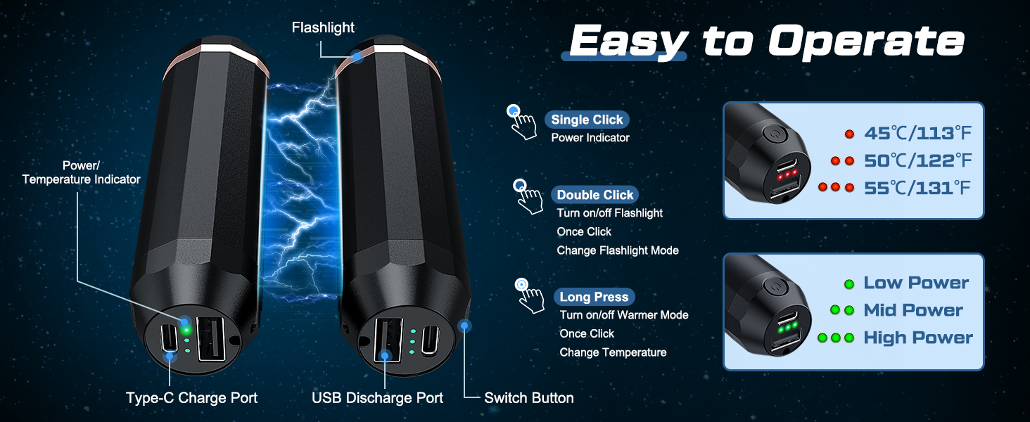 EASY TO OPERATE rechargeable hand warmers 2 pack