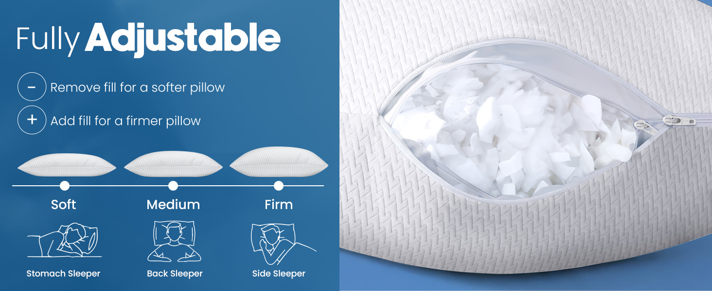 cooling pillow, shredded memory foam pillows, queen pillows, king size, adjustable bed pillows