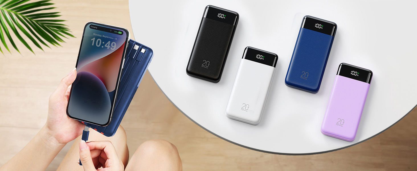 Collection of smartphone cases in various colors including black, white, blue, and purple, displayed alongside a hand holding a blue case with visible screen display.
