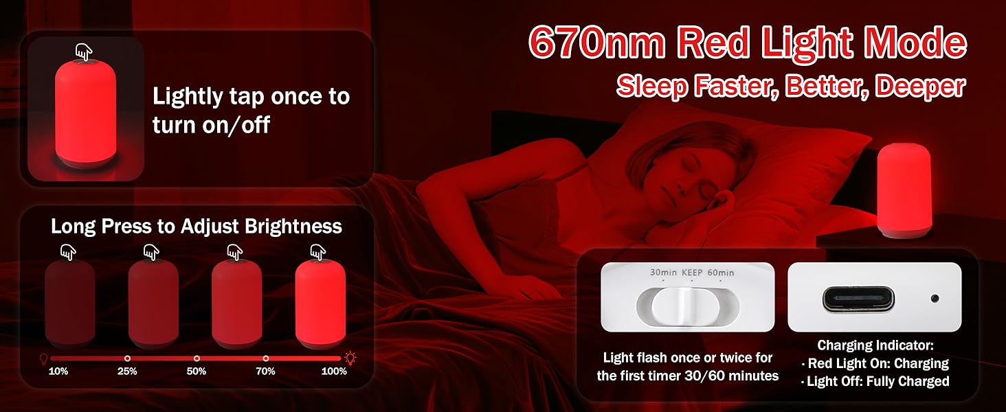 670nm red light touch night light dimmable timer rechargeable sleep lamp