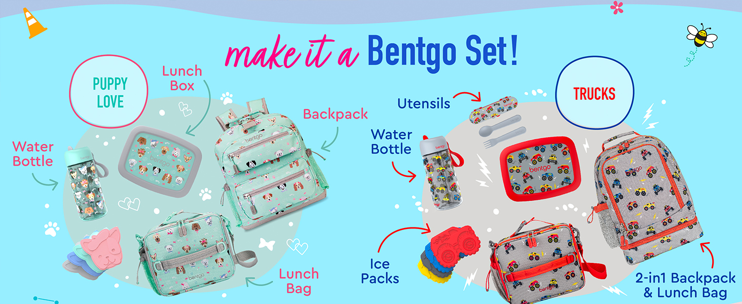 make it a bentgo set bundle mix and match backpack lunch bag utensils water bottle ice packs snack