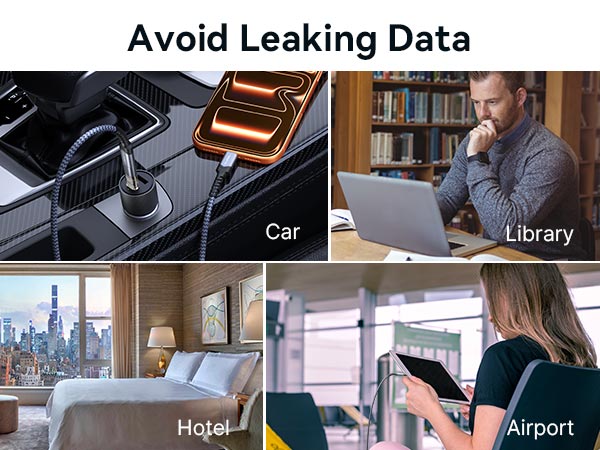 USB C data blocker blocks data transfer for safer charging in public places.