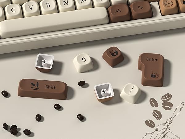 Cute Brown PBT Keycap Set,Coffee cat MOA Profile Keycaps 60 75 100 Percent,Dye-Sub