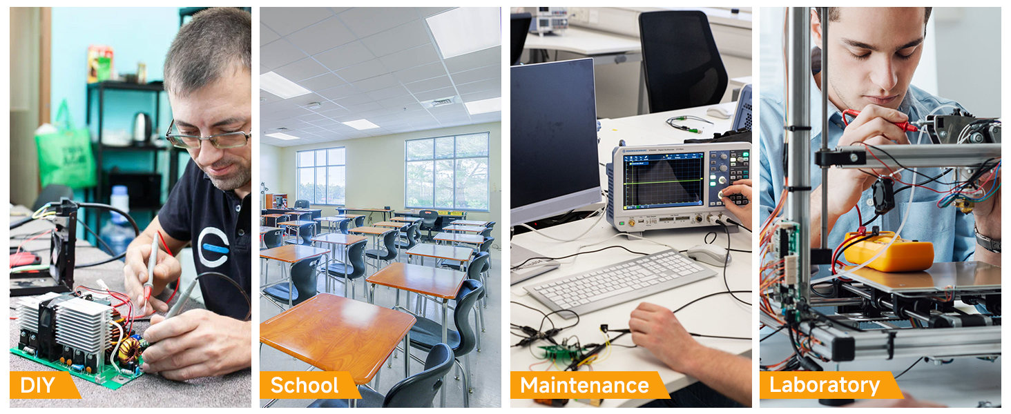 Four-panel image showing laboratory/educational settings: DIY workspace, classroom, maintenance area with equipment, and laboratory testing station.