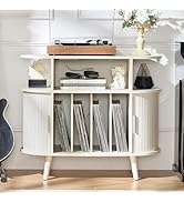 LELELINKY Large Round Record Player Stand with Charging Station &amp; Fluted Display Shelf, White Mid...