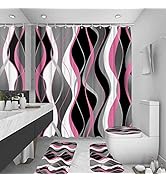 BEIFIVCL 4Pcs Pink Shower Curtain Sets with Non-Slip Rugs, Toilet Lid Cover and Bath Mat, Black a...