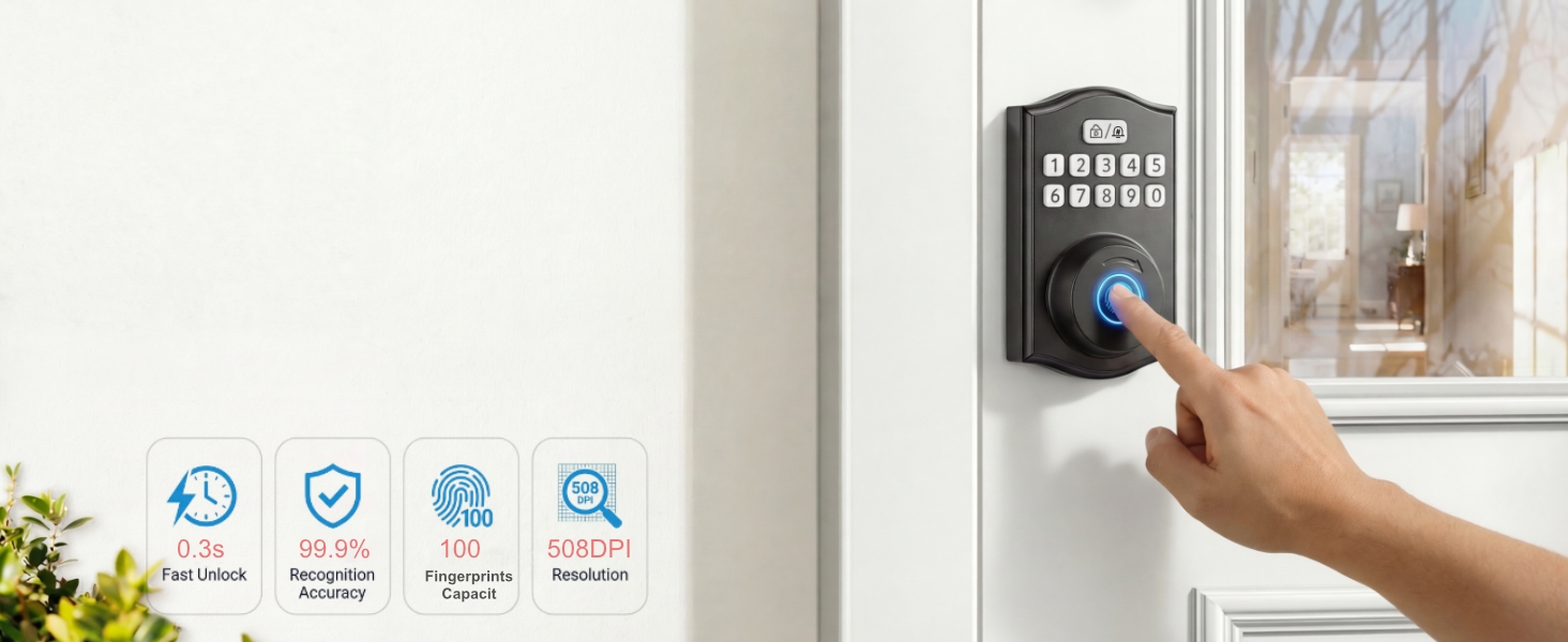 Biometric fingerprint door lock with 0.3s fast unlock and 508DPI sensor