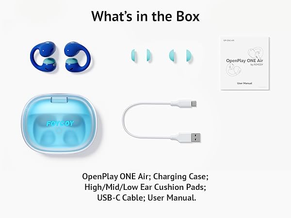 Package contents: OpenPlay earbuds charging case cable and accessories.