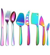 A · HOUSEWARE Rainbow Cheese Knives Silverware Set 8 Pieces include Dinning Knife Fork Spoon Stai...