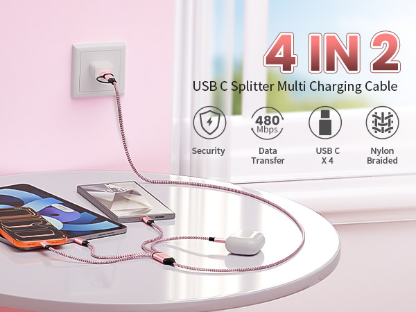 4 IN 2 USB C Splitter Multi Charging Cable