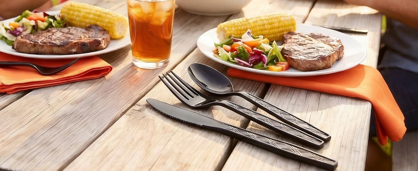 Users happily using disposable plastic cutlery at a family gathering
