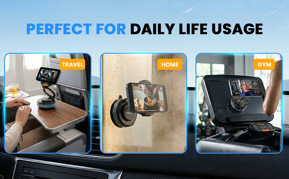 Magnetic Phone Holders showing daily life usages on flight, shower, gym