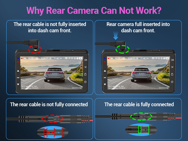 Troubleshooting guide for rear camera connectivity, showing proper versus improper cable insertion with diagnostic images and cable connection diagrams.