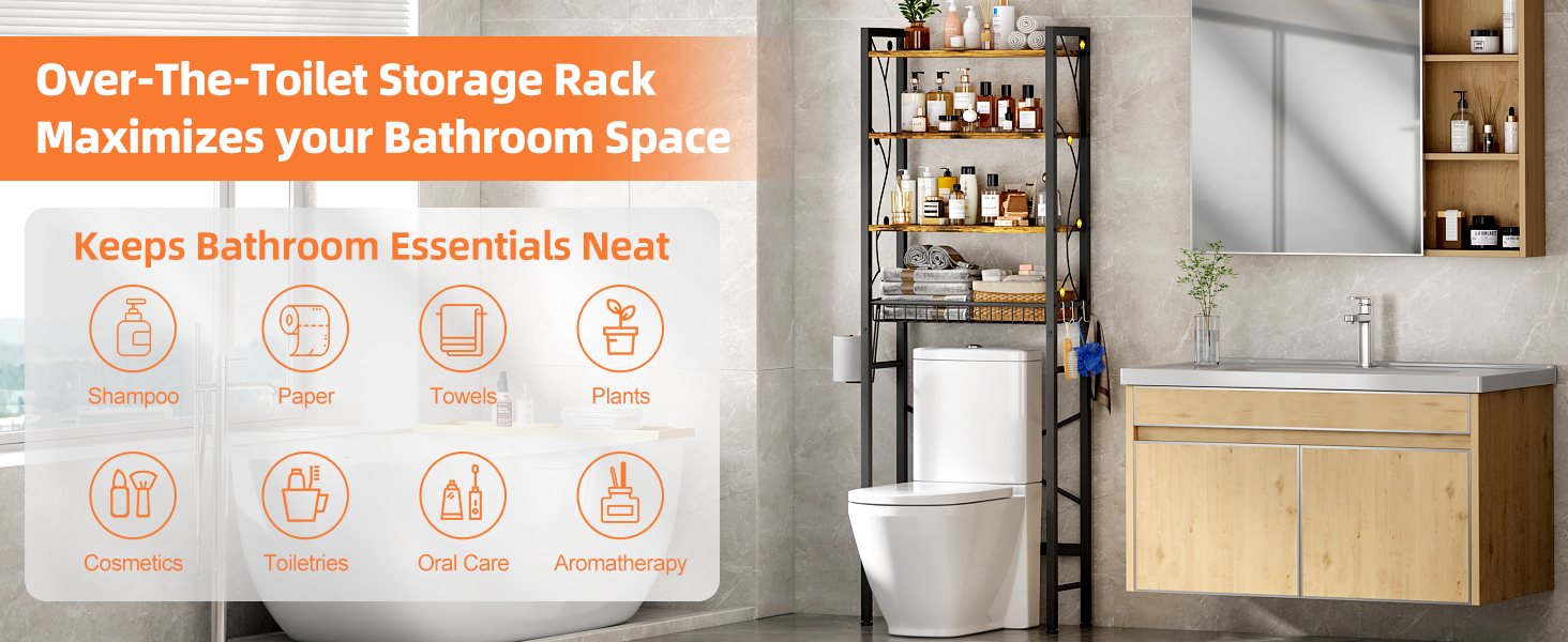 4-Tier Bathroom Organizer Shelf Over Toilet with Adjustable Shelf and Basket