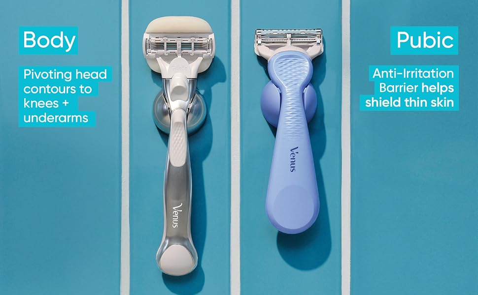 A regular Venus razor and the Venus Pubic Hair &amp;amp; Skin Razor is shown which helps protect thin skin.