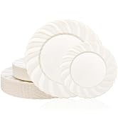 U-QE 60PCS Ivory Plastic Plates for Party – Scalloped Disposable Plates Heavy Duty &amp; Elegant – In...