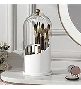 Birdcage Shape Makeup Brush Holder with Vertical Striped Cover, 360° Rotating Dust-Proof Organize...