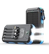 Solar Charger Power Bank 20000mAh Portable Charger with 4 Built-in Cables and USB-C in/Output, Du...
