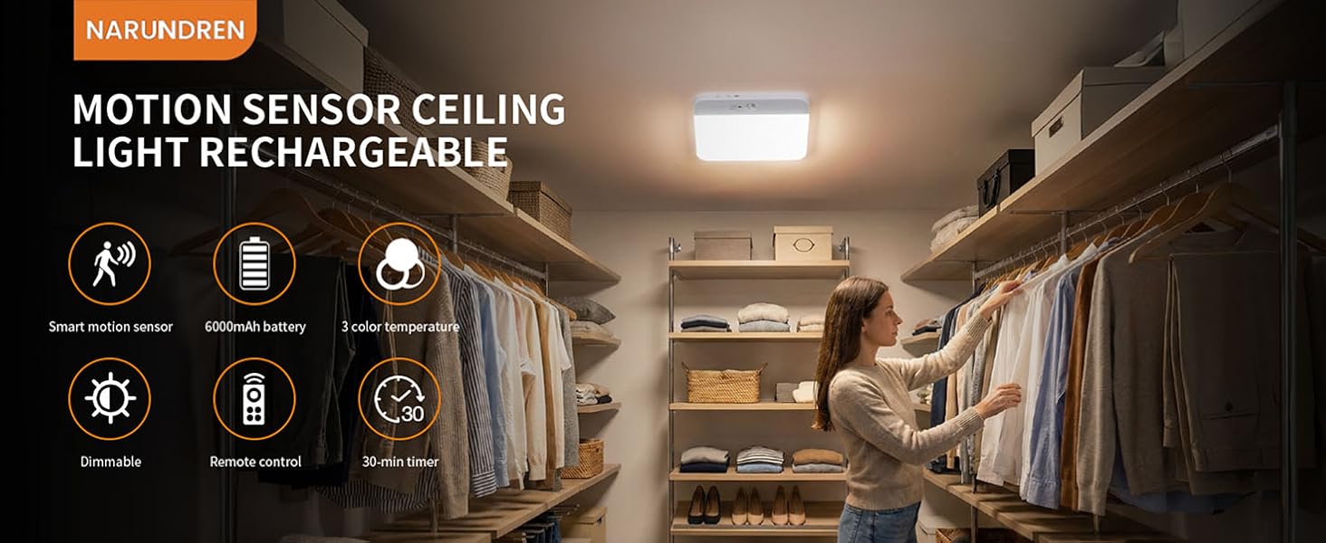 NARUNDREN Rechargable Motion Sensor Ceiling Lights