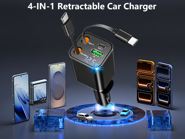 Retractable Car Charger USB C 120W USB C Car Charger 4-IN-1 PD/QC Power Cigarette Lighter Adapter