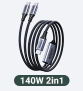 UGREEN 140W USB C Cable, 5FT 2-in-1 USB C to USB C Cable, Fast Charging for iPhone 17/17 Pro Max/...