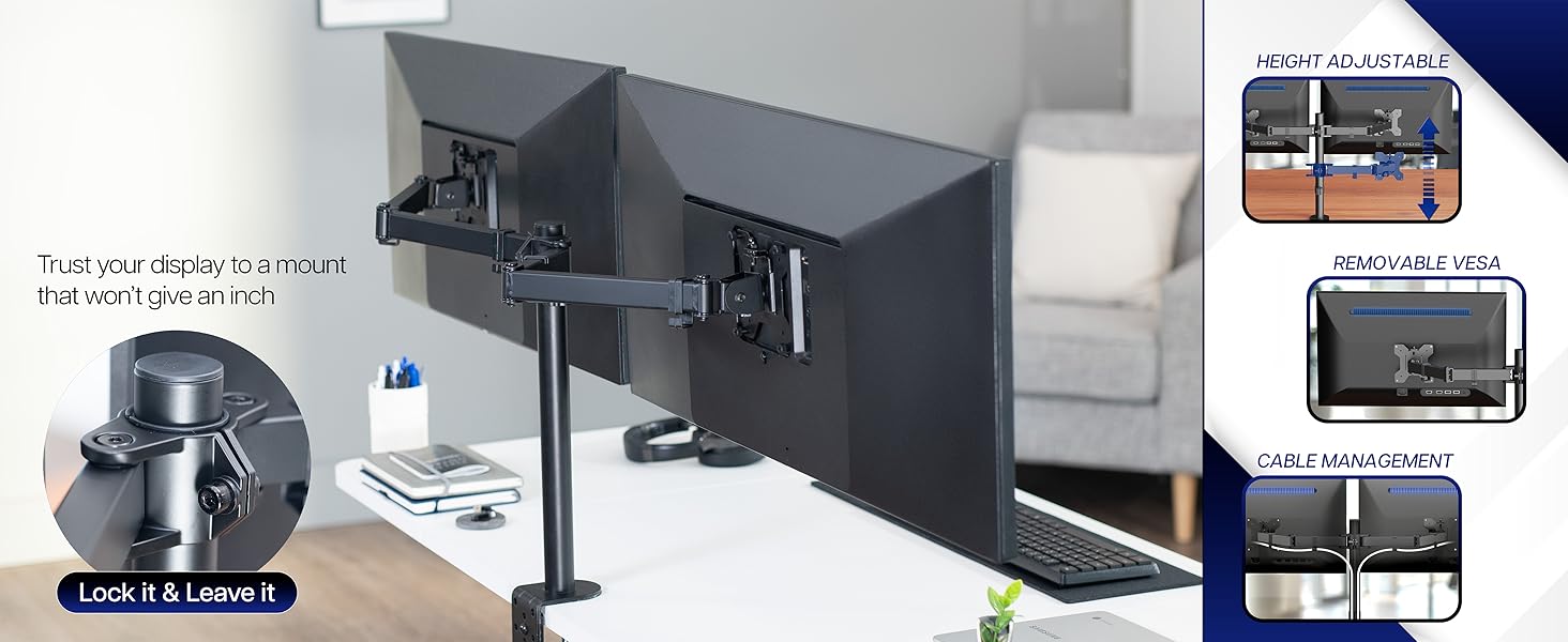 dual monitor mount adjustable desk stand clamp grommet tilt swivel rotate ergonomic setup