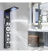 RUMOSE Matte Black Shower Panel Tower System, 5-Function Shower Faucet Set LED Light Rainfall Sho...