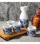 ABuff Japanese Sake Set, 1 Tokkuri Bottle &amp; 4 Ochoko Cups with a Wooden Tray, Ceramic Sake Set Mi...