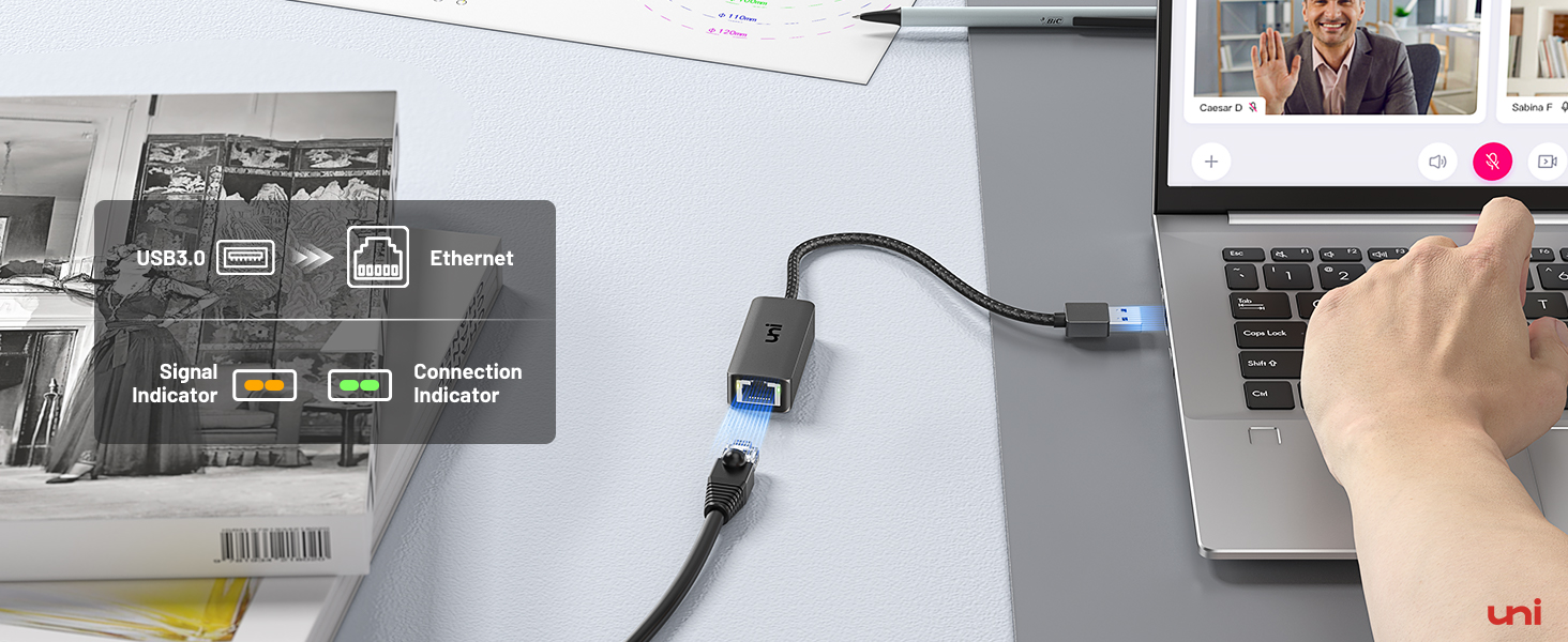 USB adapter connecting to laptop, with product packaging showing HDMI, USB, and Ethernet ports. Video call visible on laptop screen.