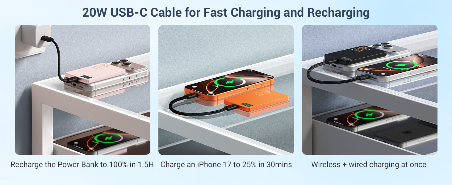 20W USB-C Cable for Fast Charging and Recharging Charge an iPhone 17 to 25% in 30mins Recharge