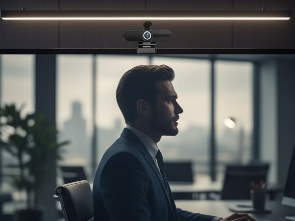 Side view of a man in a suit at an office desk with a webcam and light bar above his monitor.