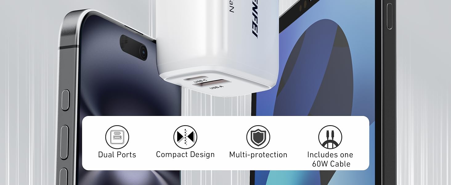20W wall charger with dual ports, compact design, multi-protection and one 60W cable