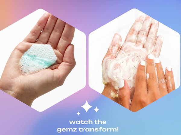 How to Gemz. 1) Wet for 3 seconds; 2) Mix in palm to transform; 3) Lather &amp;amp; rinse