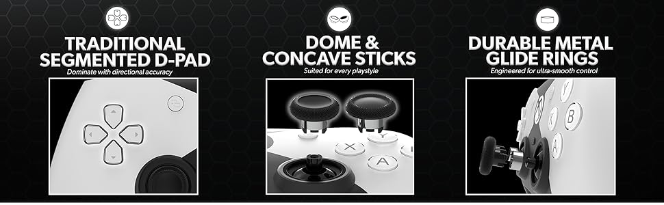 The Competitor controller with D-pad, dome sticks, and metal glide rings.