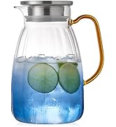 DOPUDO 59oz Gradient Blue Glass Pitcher with Gold Handle &amp; Stainless Steel Lid, 1750ml Borosilica...