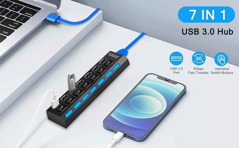 7 port usb 3.0 hub with individual switches