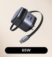 UGREEN Nexode 65W GaN USB C Retractable Charger with Built-in Cable, 2-Port Fast Charging Wall Ad...