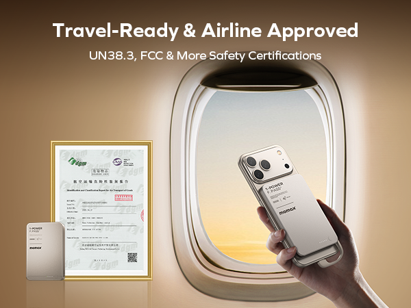 Text reads: 'Travel-Ready & Airline Approved, UN38.3, FCC & More Safety Certifications.' Product certification documentation and airplane window views demonstrating travel compliance.