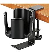 Desk Cup Holder Clamp with Headset Hook, Anti-Spill Water Bottle Stand Clip On Table Edge or Chai...