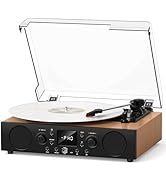 MANGOSTAN Heritage Walnut Vinyl Record Player, 3-Speed Bluetooth Turntable with Built-in Speakers...