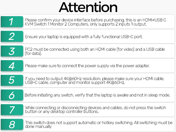 Text reads: 'Attention' followed by 8 numbered setup instructions regarding USB cable connection and power supply settings.