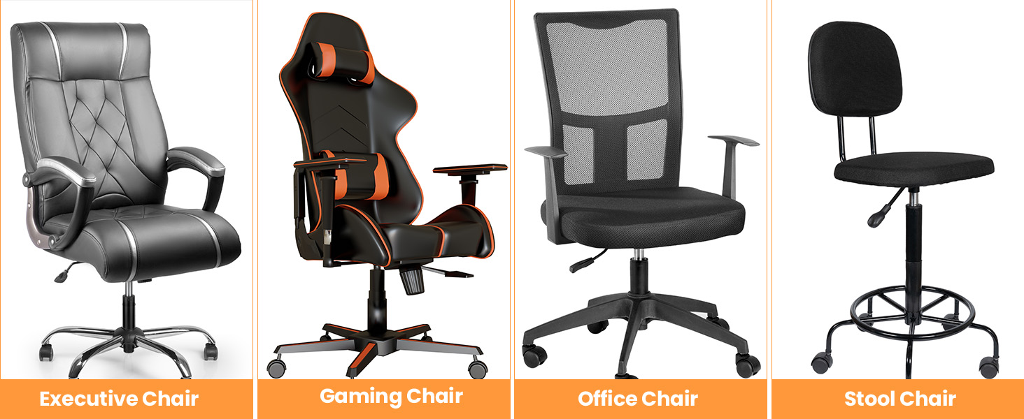 Comparison of four office chair styles: executive leather chair, gaming chair in orange/black, mesh office chair, and basic stool chair.