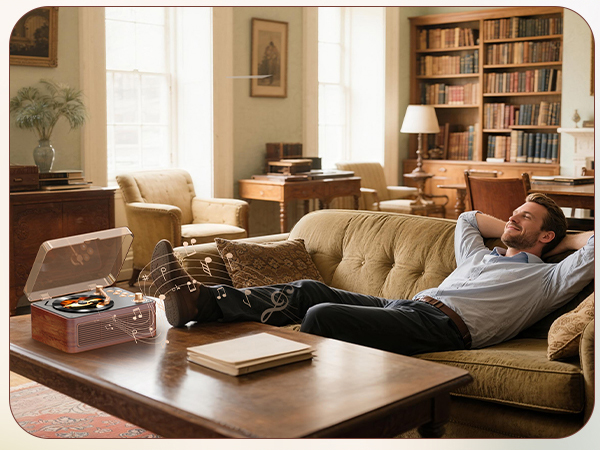 Series of images showing living room interior with brown leather sectional sofa, wooden coffee table, and built-in bookshelves along the walls.